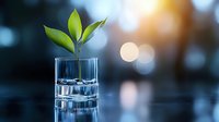 Young green plant growing in glass of water against blurred bokeh background with warm sunlight, representing growth, sustainability and new beginnings.