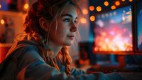 Young woman with braided hair illuminated by warm orange neon lights gazes thoughtfully into distance, creating moody cinematic atmosphere in dark evening setting.