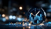 Time management and financial data visualization concept shown through glowing charts and graphs with modern watch face in dark setting with bokeh lights.