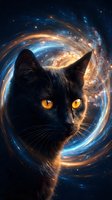 Black cat with bright orange eyes surrounded by swirling cosmic galaxy with stars and nebula creating mystical space portal effect for fantasy designs.
