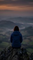 Woman with long brown hair, wearing blue jacket, sitting on rocky outcrop overlooking misty valley landscape at sunset. Contemplative outdoor scene for travel, wellness, and lifestyle concepts.