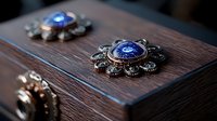 Vintage ornate metal brooches with blue gemstones on dark wooden surface. Antique jewelry details showcase intricate metalwork and decorative elements in dramatic lighting.