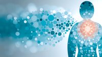 Abstract silhouette of human figure with glowing heart center and flowing particle effect in turquoise and coral colors on blurred background for healthcare concept.