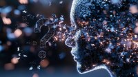 Glowing profile silhouette with question marks and particles emerging, representing artificial intelligence, machine learning and cognitive technology concepts.