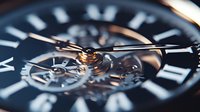 Extreme macro shot of luxury watch mechanism showing intricate details of golden hands, gears and mechanical parts against dark watch face background.