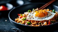 Asian fried rice with sunny side up egg, sesame seeds and chopsticks in black pan. Traditional oriental cuisine dish for restaurant menu design.