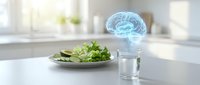 Holographic brain projection above glass of water next to fresh green salad on modern kitchen counter representing cognitive health and nutrition benefits.