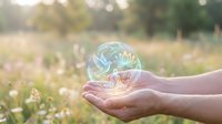 Hands holding glowing transparent brain with neural networks in sunny meadow representing mental health, mindfulness and cognitive wellness concepts.