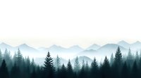 Layered mountain landscape with misty pine forest silhouettes in blue and teal tones, creating atmospheric depth and ethereal morning fog effect.