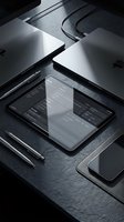 Dark workspace with tablet displaying dashboard UI, laptops, stylus pens on slate desk, moody tech setup for business and productivity concepts.