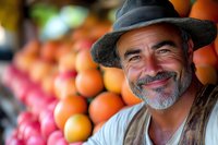 Mature Hispanic farmer with gray beard and hat smiling warmly at farmers market, fresh oranges and produce in background, representing local agriculture and farming.