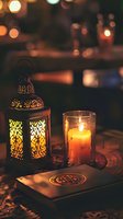 Ornate oriental lantern and glowing candle create atmospheric evening ambiance with decorative book on patterned tablecloth against warm bokeh background.
