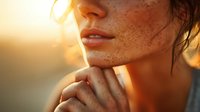 Close-up portrait of young woman with freckles in warm golden sunlight, hand touching chin, showcasing natural beauty during sunset.
