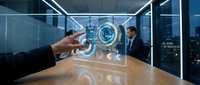 Businessman touching futuristic holographic interface with digital technology elements in modern office conference room setting.