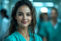Young female medical professional in turquoise scrubs smiling confidently at camera with hospital staff in background, warm natural expression showcasing healthcare workplace.