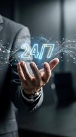 Businessman hand presenting glowing 24/7 text with digital network connections for round-the-clock customer service and support concepts.