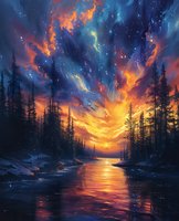 Magical winter sunset over a forest river with vibrant orange and blue aurora-like clouds, sparkling stars, and silhouetted pine trees reflecting in the calm water, perfect for fantasy book covers.