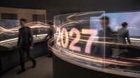 2027 futuristic digital display with glowing neon numbers, silhouetted figures in modern office environment, holographic technology visualization for corporate presentations and future concepts.