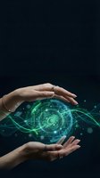 Hands protecting glowing green digital technology hologram with circuit patterns and data visualization on dark background for business innovation.