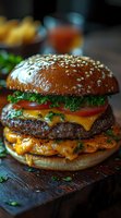 Juicy double cheeseburger with melted cheddar, fresh lettuce, tomato slices and sesame seed bun on rustic wooden board, close-up shot with selective focus.