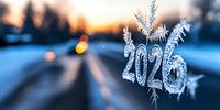 Frozen ice crystal formation showing number 2024 against blurred winter road and sunset background, natural frost pattern on window creating seasonal decoration.