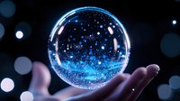 Magical glowing crystal ball floating over palm with blue sparkles and bokeh lights against dark background. Mystical fortune telling concept.