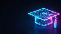 Glowing neon graduation cap with digital particles on dark blue background. Academic achievement, education technology, online learning concept.