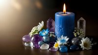Blue candle burning surrounded by healing crystals, gemstones and white flowers on wooden surface. Spiritual meditation, wellness and aromatherapy concept.