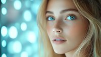 Close up portrait of young blonde woman with bright blue eyes and natural makeup against blurred turquoise bokeh background, soft dreamy lighting effect.