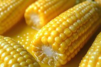 Fresh yellow corn cobs with water drops in macro view showing detailed kernels texture and natural moisture, bright agricultural produce background.