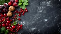 Fresh red currants, frozen raspberries and whole walnuts with green parsley leaves arranged on dark slate stone background with copy space for text.