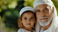 Middle Eastern senior man with white beard wearing traditional headscarf embraces young girl in matching white head covering against blurred green nature background.
