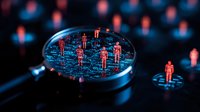 Glowing red human figures on circuit board reflected in magnifying glass against dark background with blue technology elements. Concept of digital surveillance.