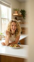 Happy middle-aged Caucasian woman with curly blonde hair eating healthy salad in modern kitchen, smiling while enjoying nutritious meal at home.