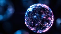 Glowing sphere with connected dots and lines forming network pattern in blue and pink neon colors against dark background, representing global connectivity.