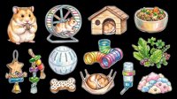 Cute hamster care clipart set with pet accessories, wheel, house, food bowl, toys, and bedding, isolated on transparent background. Great for stickers, t-shirt design, print on demand.