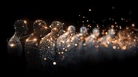 Glowing silhouettes of people dissolving into sparkling particles against dark background, representing transformation, consciousness and spiritual awakening concept.