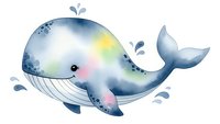 Cute watercolor whale with colorful blue and pink tones spouting water, isolated on white background for nursery decor and children's designs.