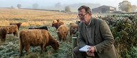 Middle-aged Caucasian farmer in green jacket observing Highland cattle herd in misty countryside field during early morning with notebook for livestock management.