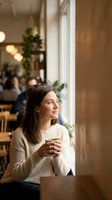 Young woman enjoying coffee break in modern cafe with warm natural lighting and cozy atmosphere for relaxation and leisure lifestyle moments.