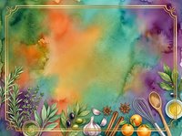Vibrant watercolor background with rainbow gradient, ornamental gold frame border, and botanical elements including herbs, spices, citrus fruits, and cooking utensils arranged at bottom for culinary design projects.