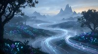 Glowing winding road through a mystical foggy landscape with bioluminescent flowers, mountains, and light trails at dusk.