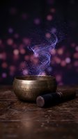 Tibetan singing bowl with magical purple energy swirl and sparkles on wooden surface for meditation and spiritual healing practices.