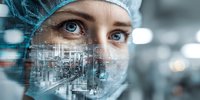 Healthcare professional in surgical cap with double exposure of medical facility, showing determination and focus in modern hospital environment.