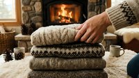 Cozy autumn scene with stacked knit sweaters, hand touching top garment, fireplace burning in background, warm beverage nearby, hygge lifestyle concept for fall and winter seasonal content.
