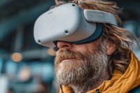 Mature bearded man wearing virtual reality headset with yellow jacket in modern environment. Perfect for tech innovation concepts.