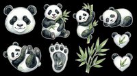 Cute panda sticker set with bamboo, bear faces, paw print, and heart shapes, isolated on transparent background, ready for t-shirt design, clipart, and print on demand.