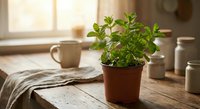 Fresh green herb plant in terracotta pot on rustic wooden table with morning sunlight streaming through kitchen window creating cozy cooking atmosphere.