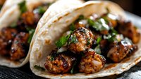 Grilled chicken tacos with glazed meat, fresh herbs and creamy sauce served on soft corn tortillas, close up view of Mexican street food preparation.