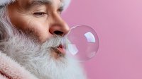 Senior Caucasian man with white beard blowing transparent bubble against pink background, close-up profile portrait showing playful and joyful aging concept.